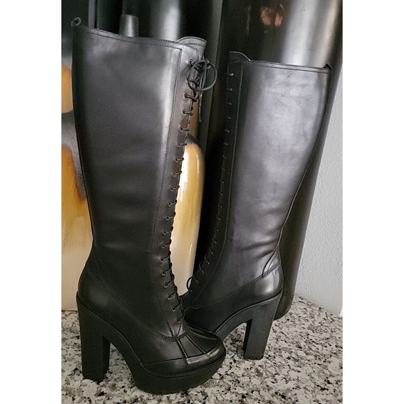 Polo Ralph Lauren Womens Helma Lace Up Calf Skin Boots Black Size 40 MSRP $695 - Picture 1 of 11